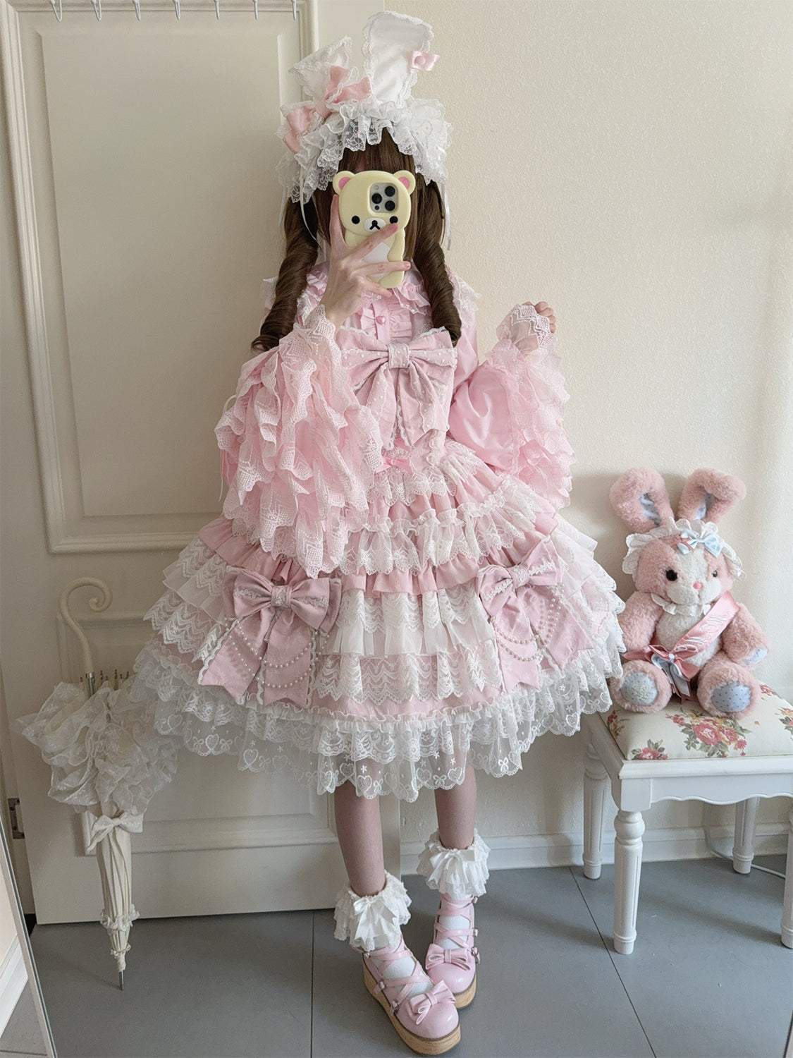 Hanguliang - Cross Heart Knot - Sweet Lolita JSK Suit Tiered Ruffles Dress, Lace Blouse