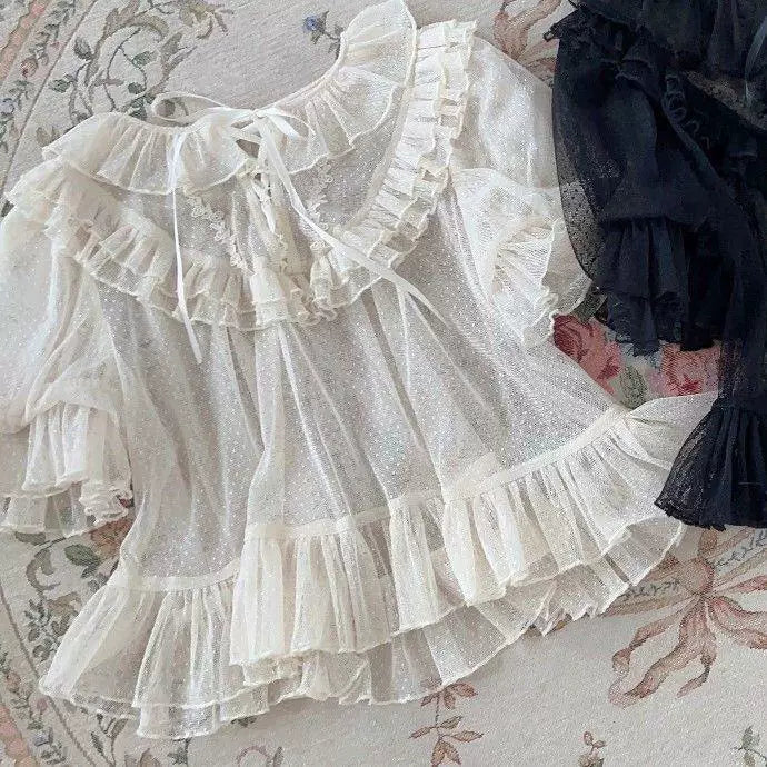 Sweetheart Dream Machine - Lace Mesh Inner - Short-Sleeve Blouse with Layered Ruffles