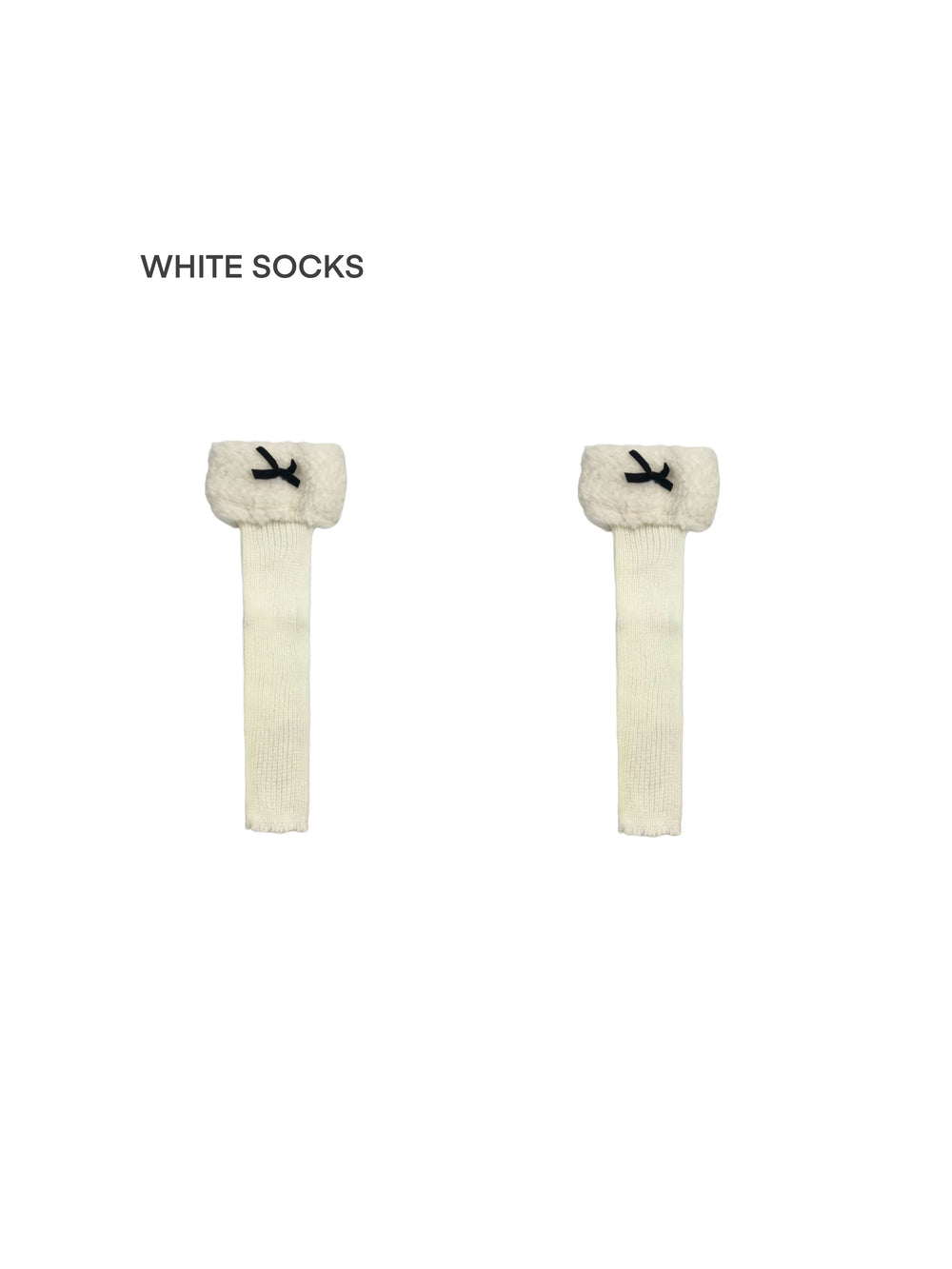 White Socks knit leg warmers with fleece cuffs and bows shown on a white background.