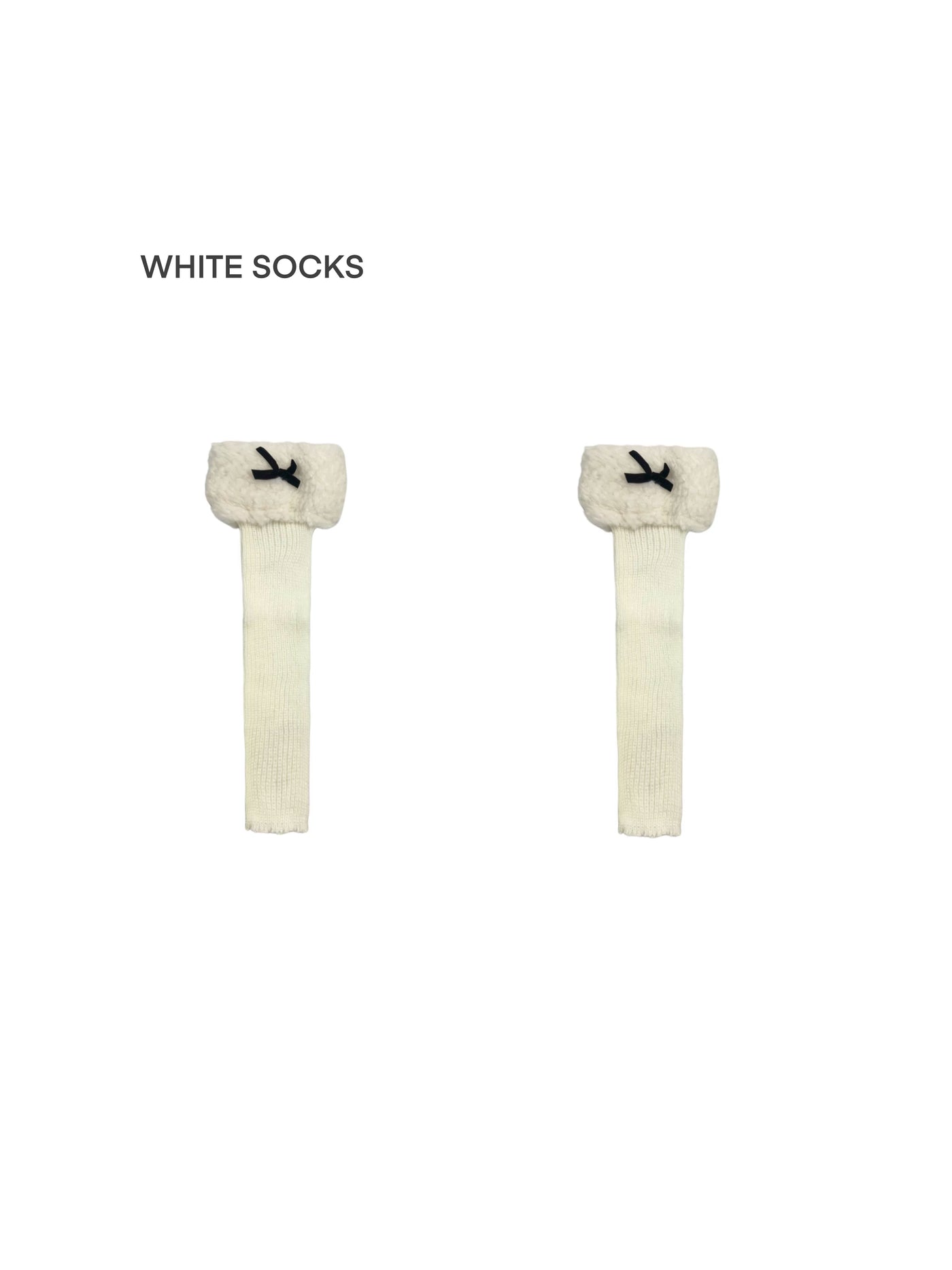 White Socks knit leg warmers with fleece cuffs and bows shown on a white background.