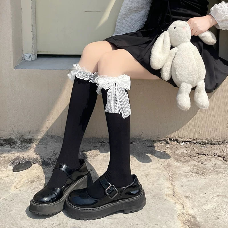 Floral Milk Cat - Lace Bow Tube - Tube Socks with Lace Cuffs and Bow Ties