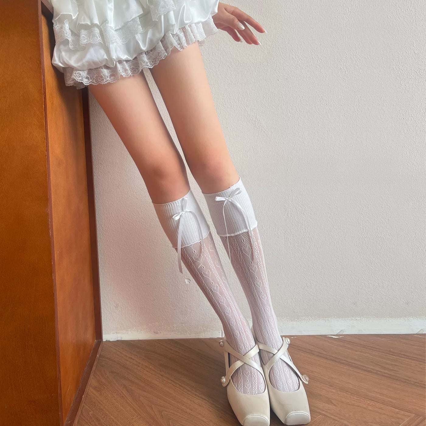 Sock Noble - Academy Lace - Scrunched calf socks with lace panels and ribbon bows