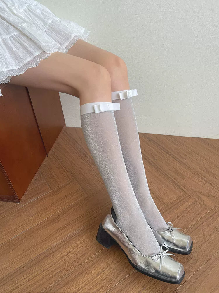 Sock Noble - Bow Shimmer - Glittery mid-calf socks with white bow accents