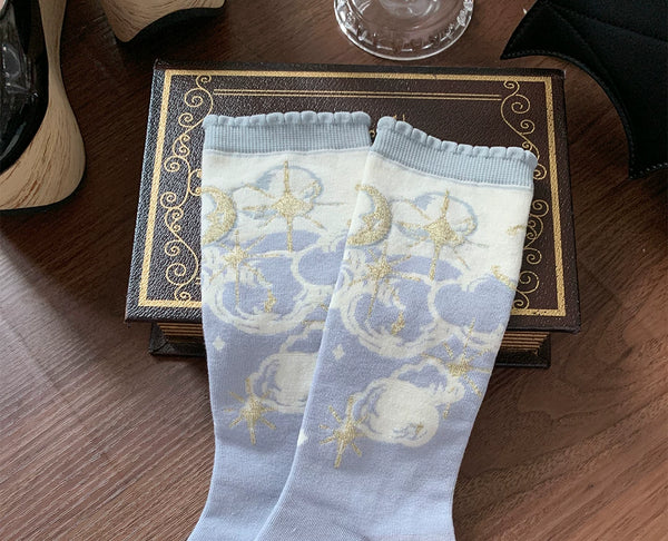 roji roji pink, blue and black star-and-moon mid-calf socks