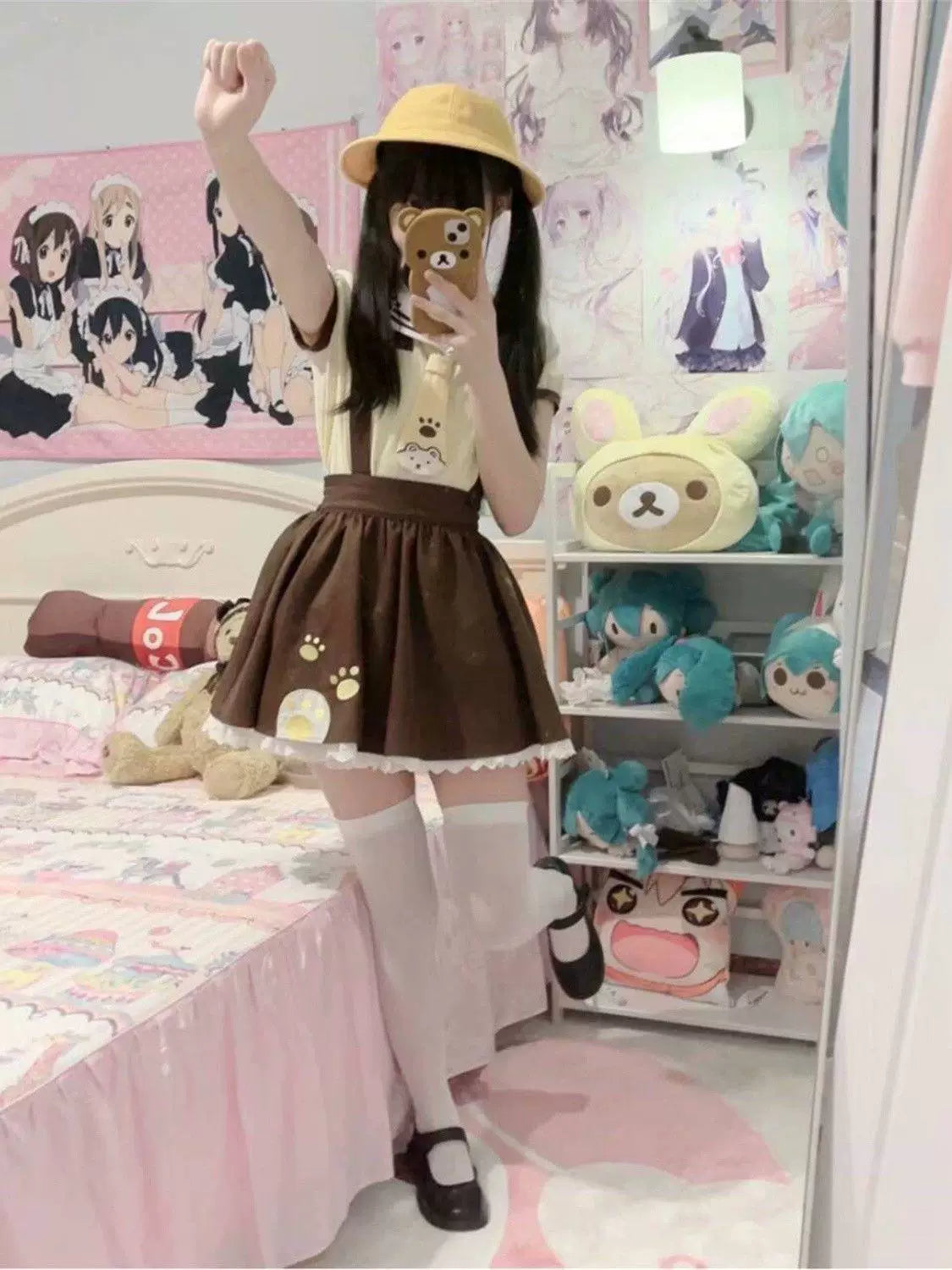 Sweetheart Dream Machine - White Bear Student - JSK Set with a Yellow Sailor Top and Coffee-Brown Suspender Skirt