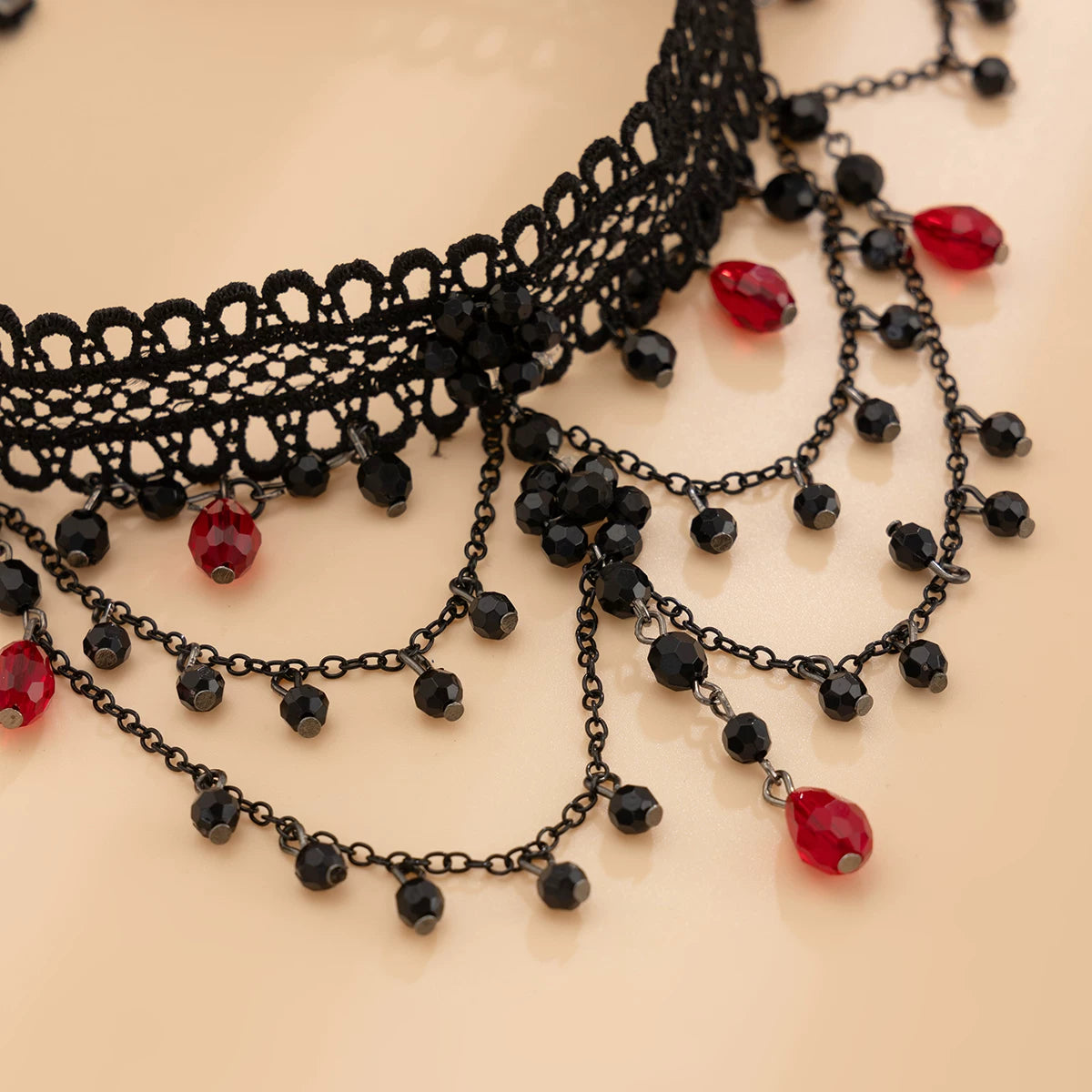 Independent Brand - Crystal Fringe - Black Lace Choker Necklace with Red Crystal Drops