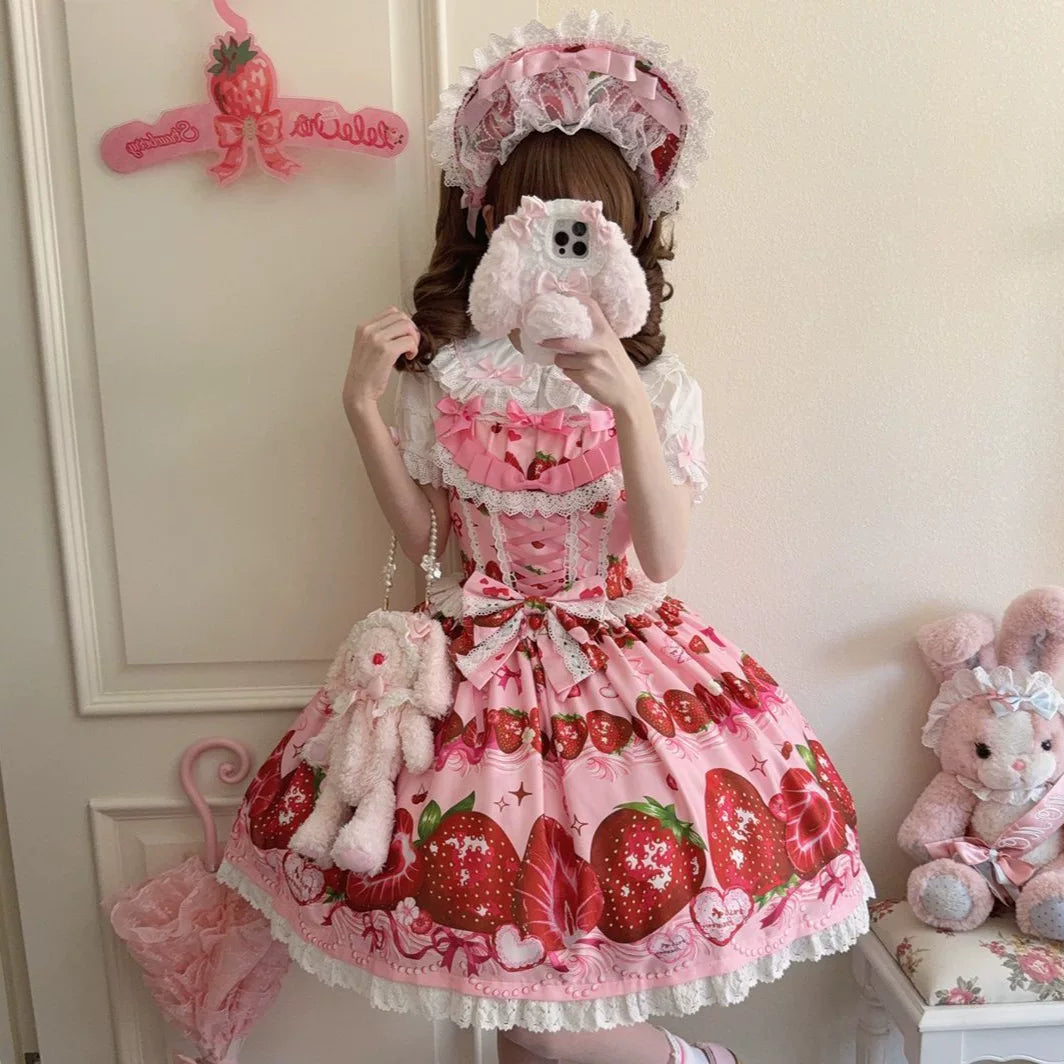 Lady Han Sweet Berry Story JSK dress featuring a cute, colorful berry print and lace details, perfect for Lolita fashion style.