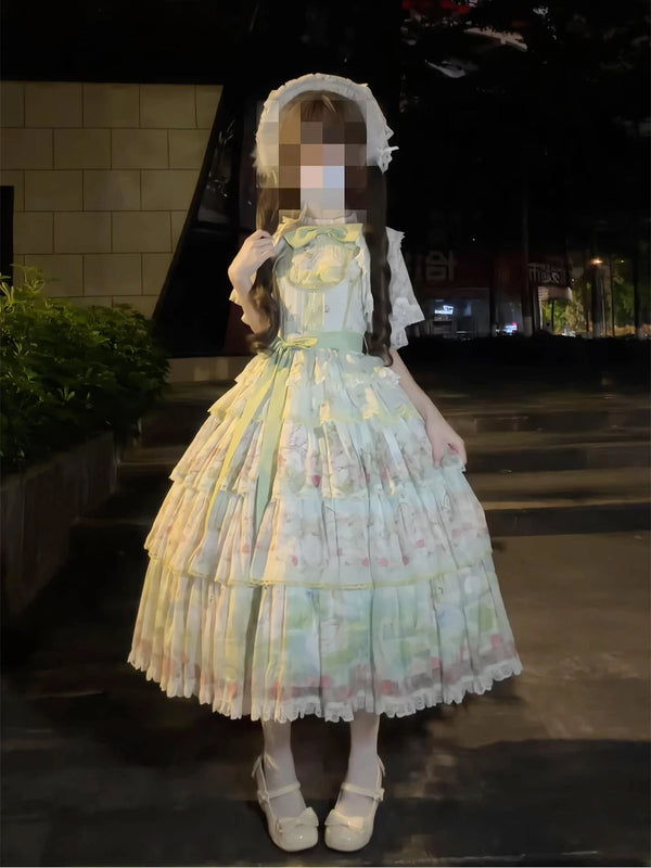 Classical Lolita mint green JSK dress set with floral tiered skirt, lace trim, matching shawl and headscarf