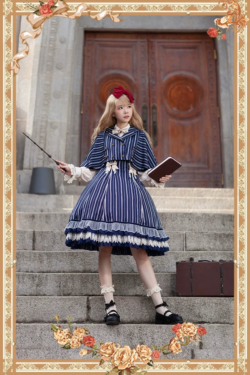 Infanta - Elegant Lolita Stripe High-waist - Jumper Dress Set and Cape SK Skirt