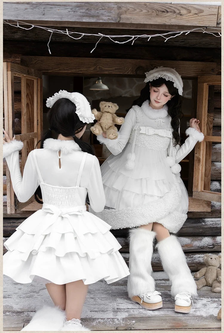 With PUJI - White Choco - Winter Kawaii Lolita JSK Dress Set, Fluffy Accents