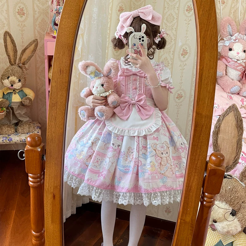 Lady Han Sweet Bunny Bear JSK dress by Lolita Fetch featuring a cute bunny and bear print on a pastel-colored fabric.