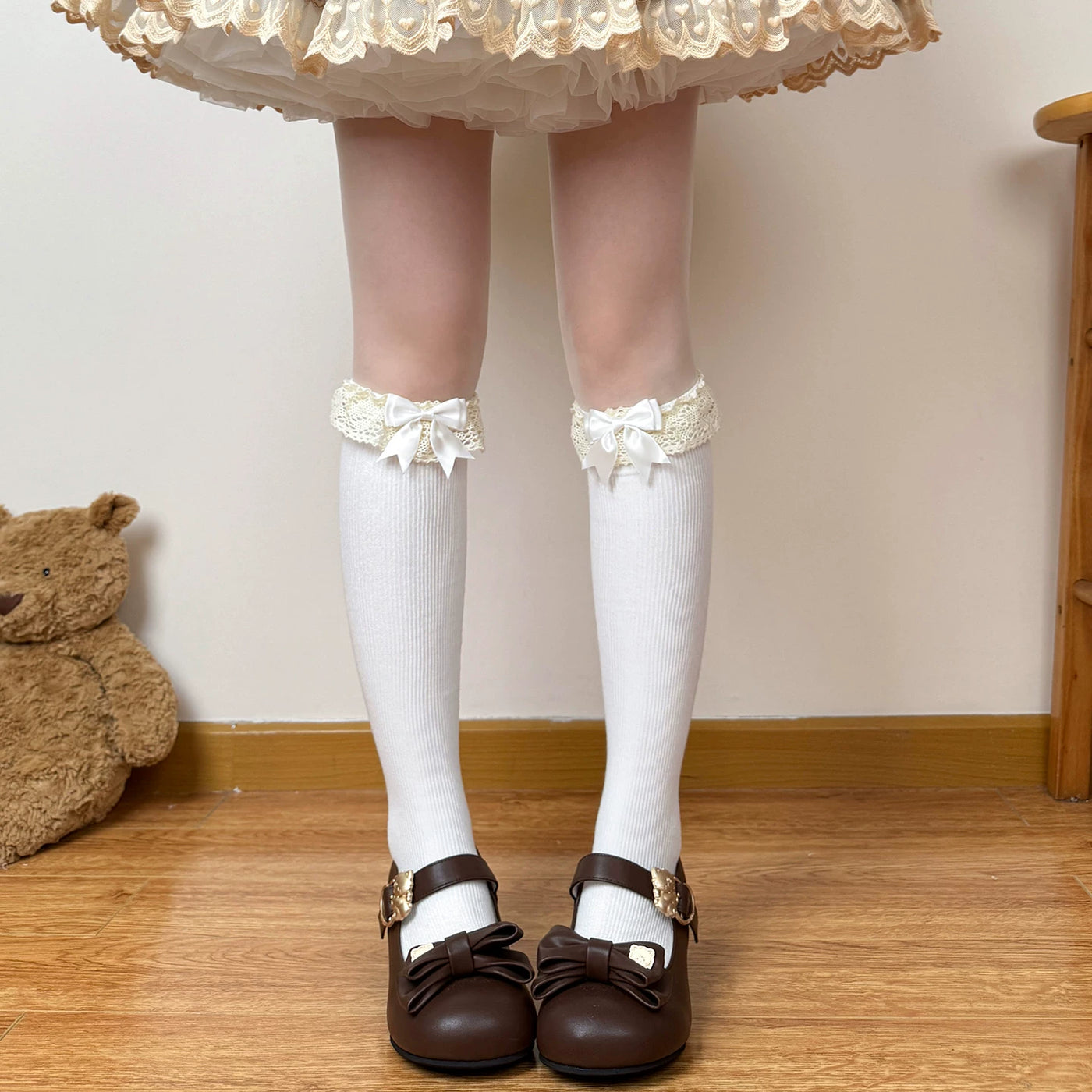 Chubby Bear Tales - Caramel Cocoa - Calf and Mid-Calf Socks with Lace Cuffs