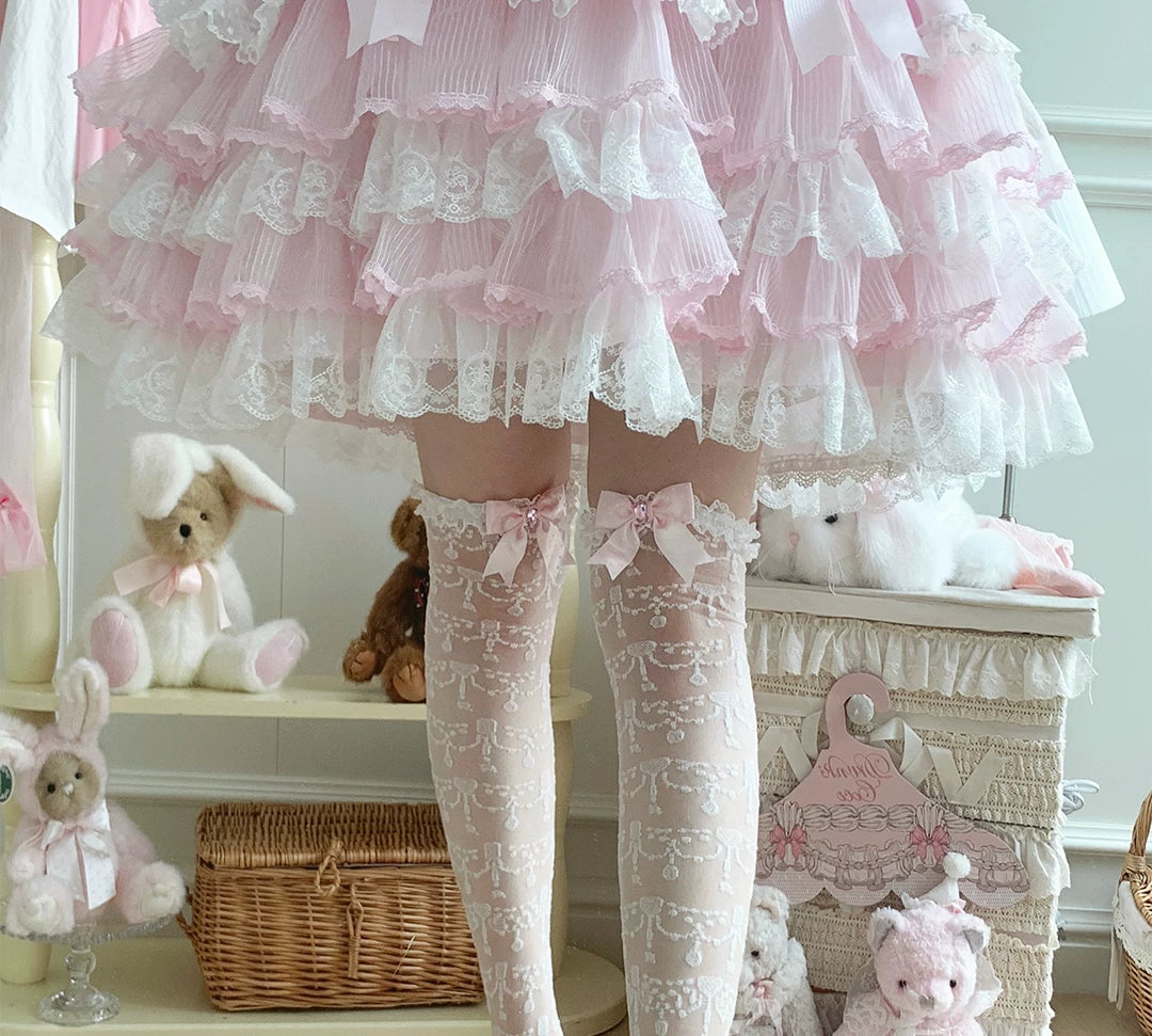 roji roji - Polka Dot Lace - Sheer Lace Socks with Polka Dots and Ribbon Bows