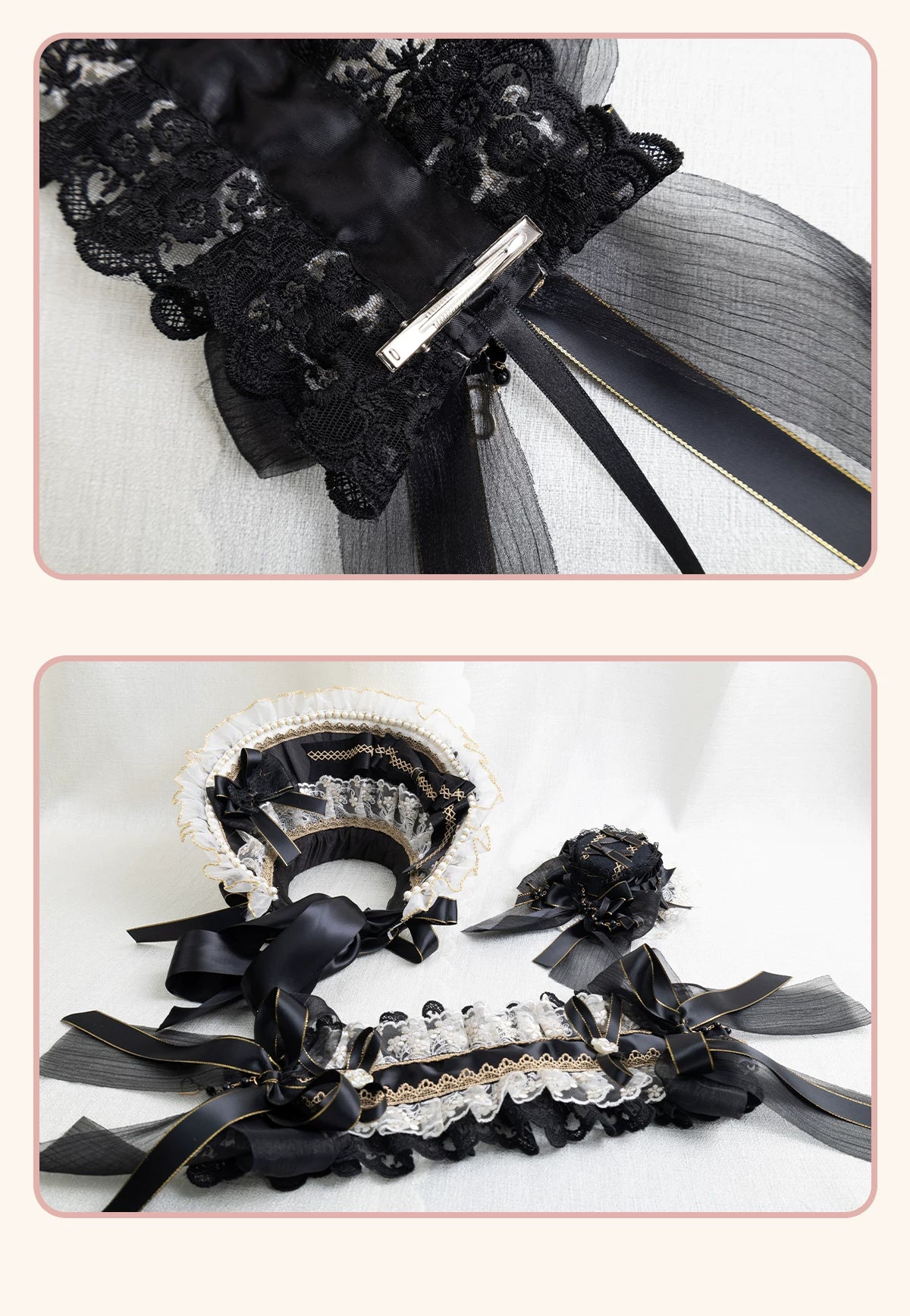 Stardust Rose - Night Banquet - Black-and-Gold Lolita Headwear with Lace and Bows