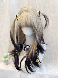Kunkun Fish - Siamese Cat - black-to-gold highlighted straight wig - Siamese Cat highlights + hair net