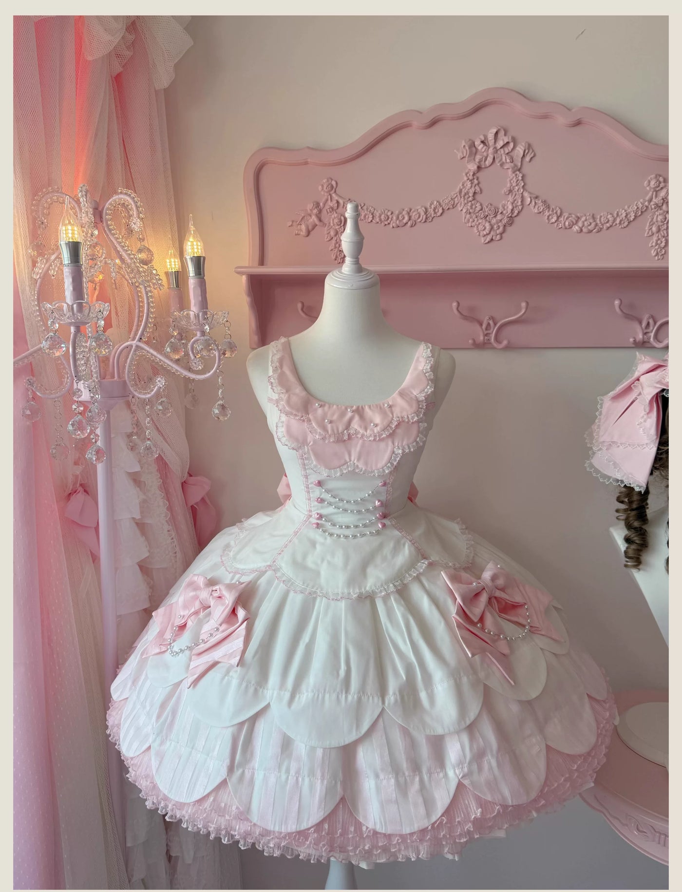 Tata Long Ear - Pearl Princess - White-and-Pink JSK Dress with Pearl Details and Scalloped Layers