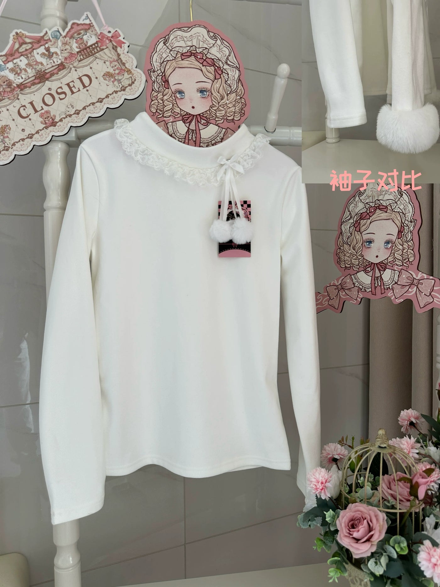 Cat Upon Cat - Little Pom-Pom - Long-Sleeve Inner Top with Lace Collar - product detail