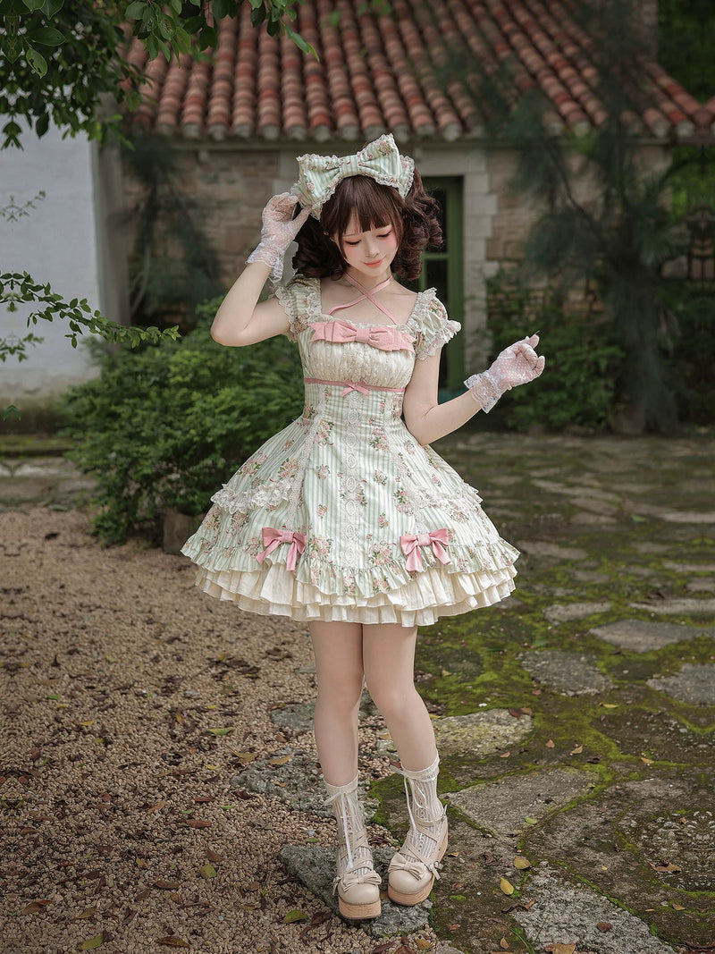 With PUJI - Meeting Austen - Cotton Classic Lolita Rose Printed OP Dress detail view 3