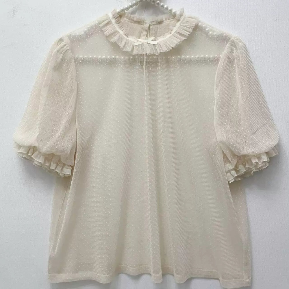 White short-sleeve dotted tulle blouse with frilled stand collar and puff sleeves