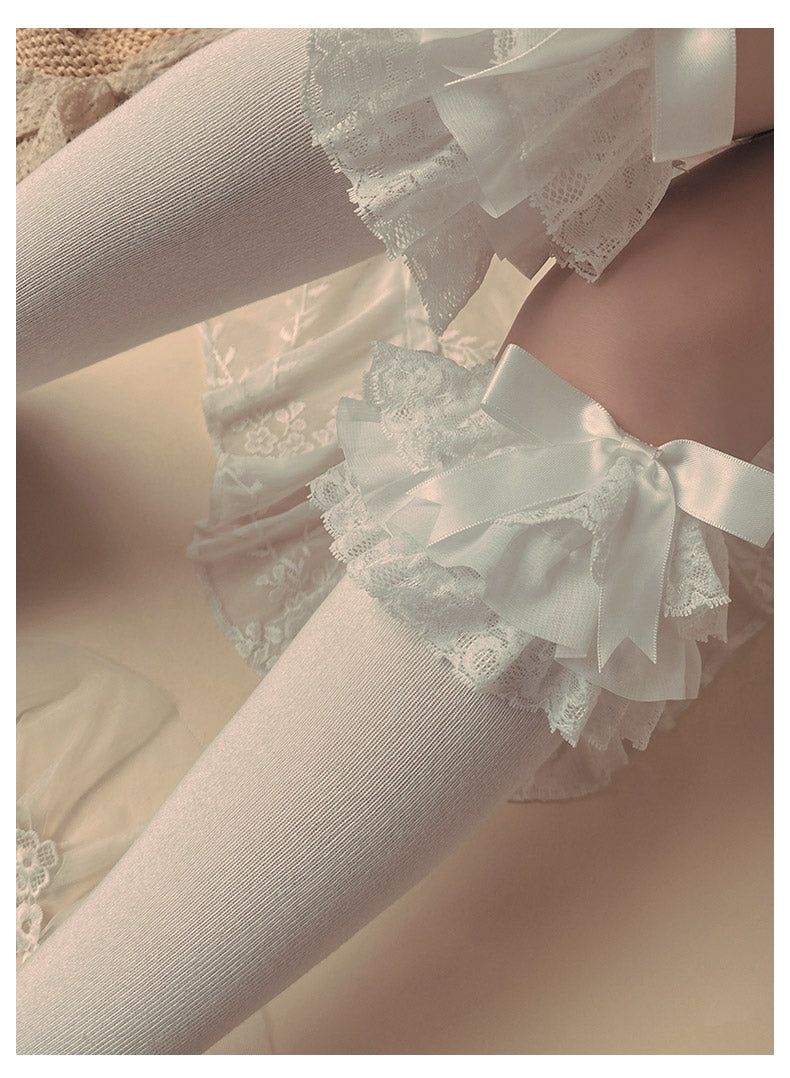 WAGUIR - Cotton Lolita Bow Socks with - Layered Lace Trim Socks