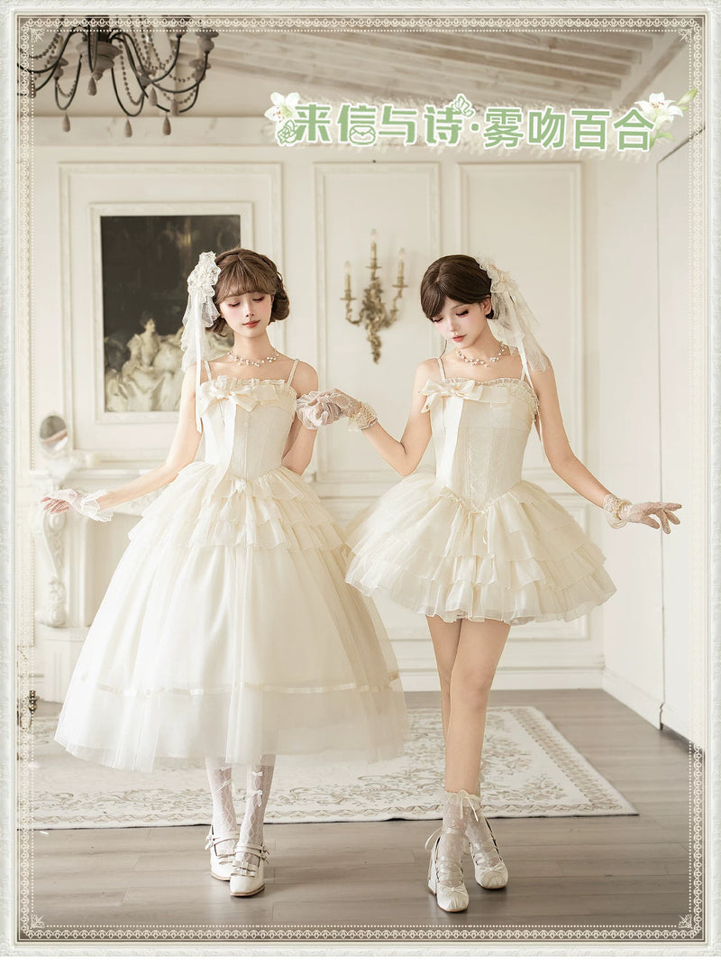 With PUJI - MistKiss Lily - Classic Lolita Tiered Hem JSK Dress, Fishbone Waist detail view 6