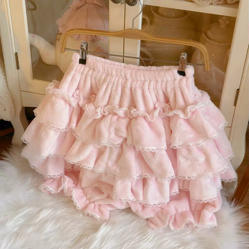Cotton Lolita Bloomer, Loose Ruffled Hem Pink (with velvet) One Size