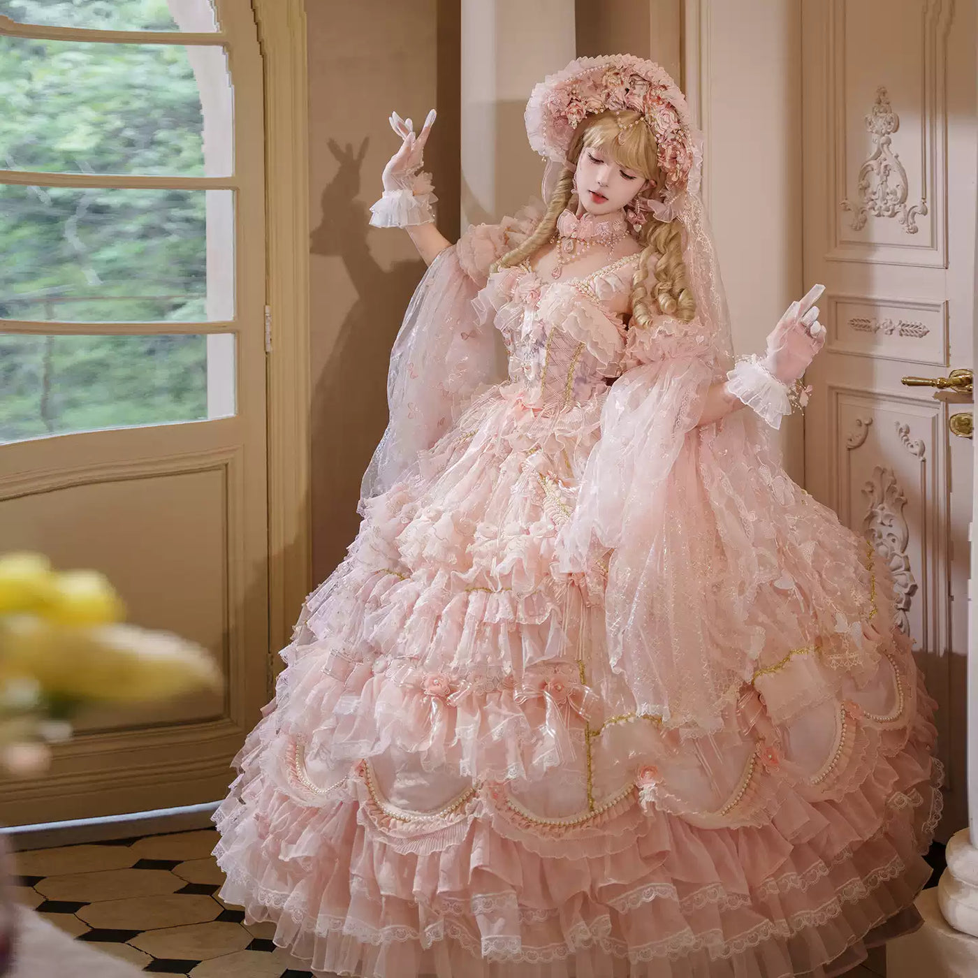 Cat Fairy - Princess on the Run - Blush-Pink JSK with Tiered Ruffles and Floral Lace