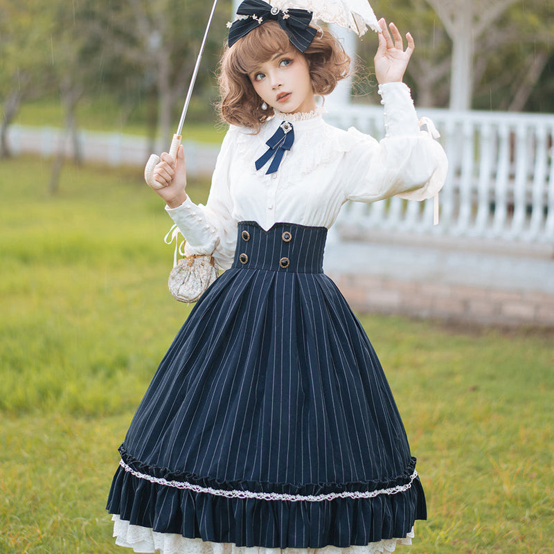 Miss Point~Rose Doll~Elegant Lolita Striped Fishbone Skirt XS dark navy blue (XS) 32524:385152