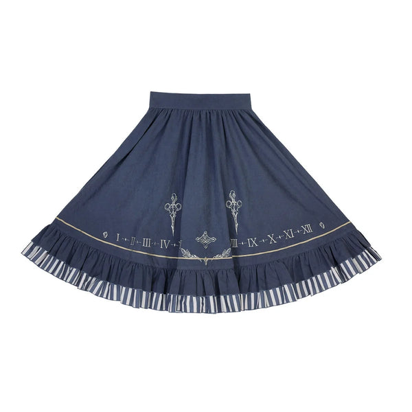 Deep blue Cornfield Lolita skirt with Roman numeral print and striped ruffle hem; coordinating ruffled blouse