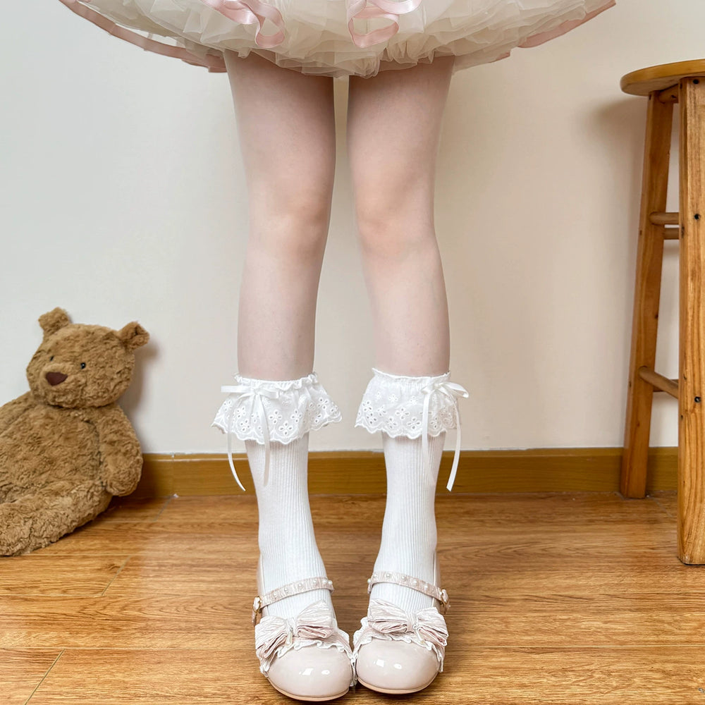 White mid-calf sock with red bow