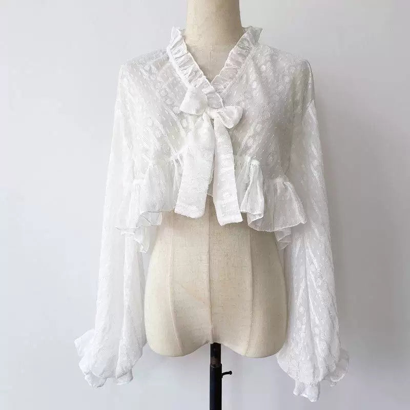 Sweetheart Dream Machine - Sheer Bow - Short Chiffon Cardigan with Ruffled Sleeves