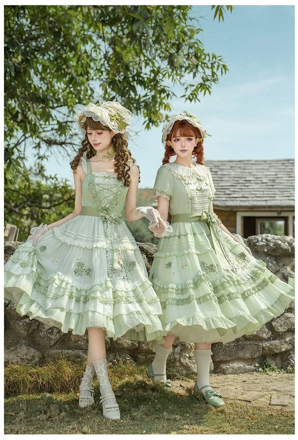 With PUJI - Green Grape - Embroidered Country Lolita OP Dress, Tiered JSK