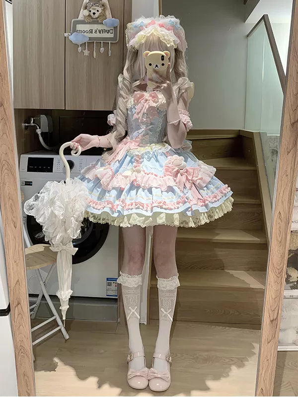 Blue-and-pink Creamy JSK dress styled with layered ruffles, train and coordinated accessories