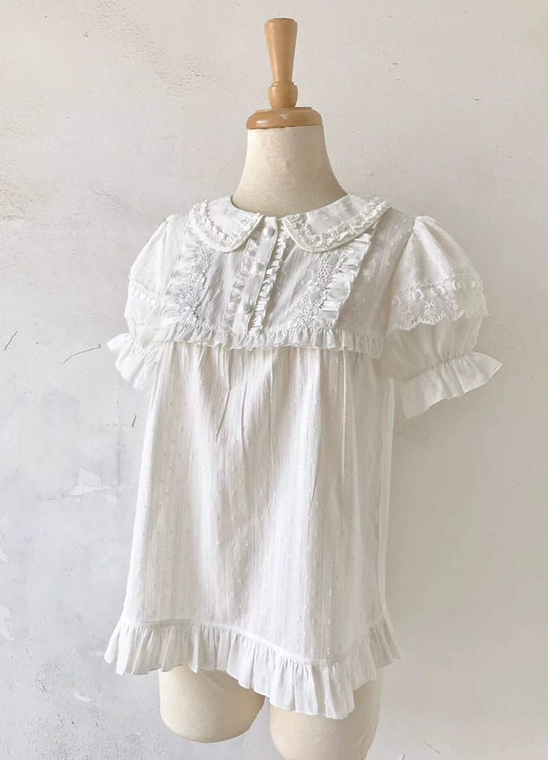 Yilia - Jacquard Sweetheart - Peter Pan Collar Puff Sleeve Blouse