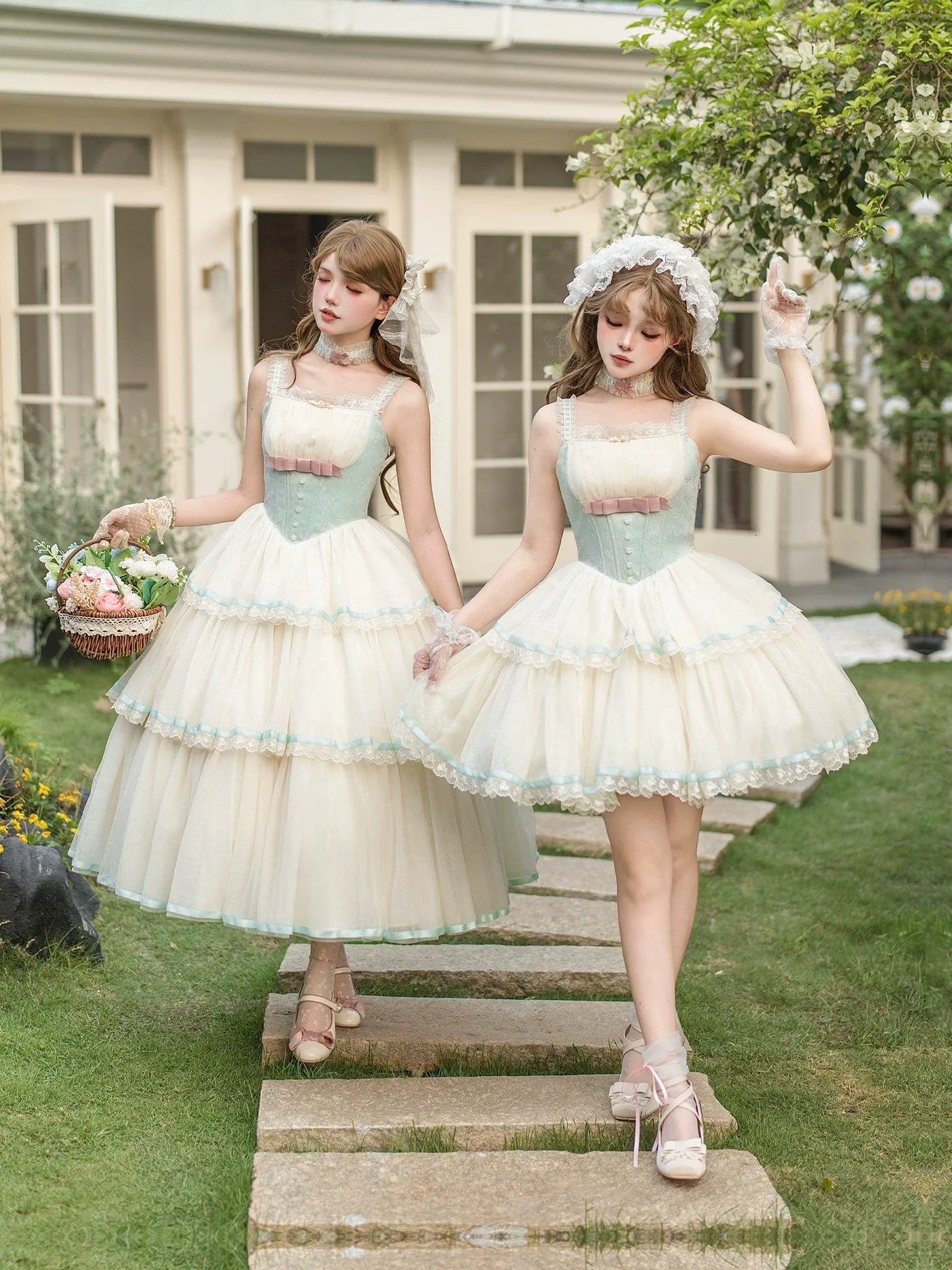 With PUJI - Sea Salt Soda - Classic Lolita Adjustable Corset JSK Dress, Tiered Tulle Hem