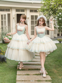 Mit PUJI - Sea Salt Soda - Klassisches Lolita Verstellbares Korsett JSK Kleid, Gestufter Tüllsaum - Outer Layer Pink Sun-Protective Cardigan, Ready Stock / S