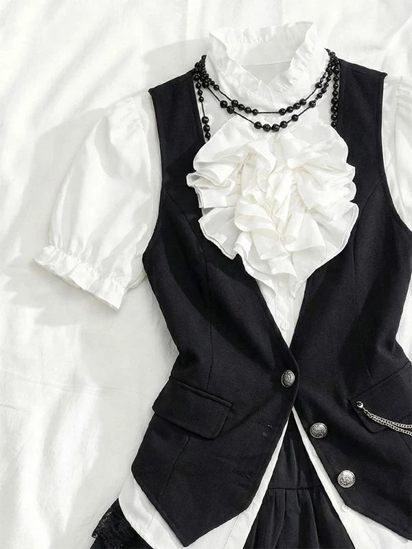 Creamy - Gothic Vintage - Three-Piece Set with a Ruffled White Blouse and Black Lace Skirt