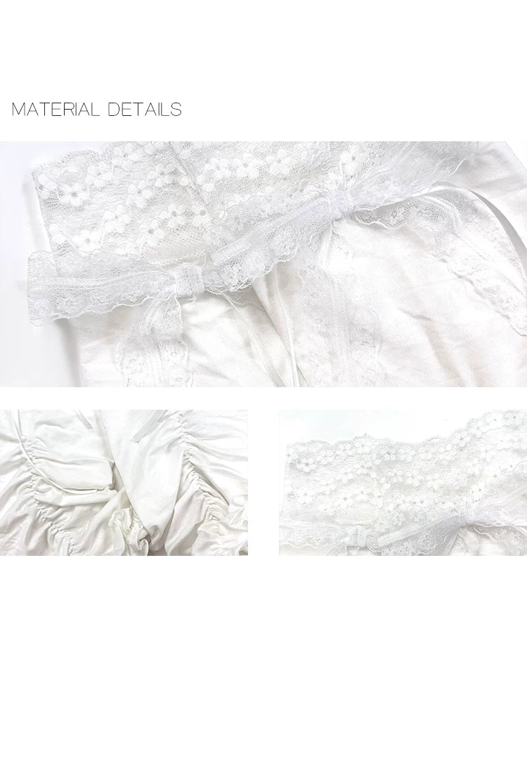 White lace sock covers with ruched shaping and ribbon ties.