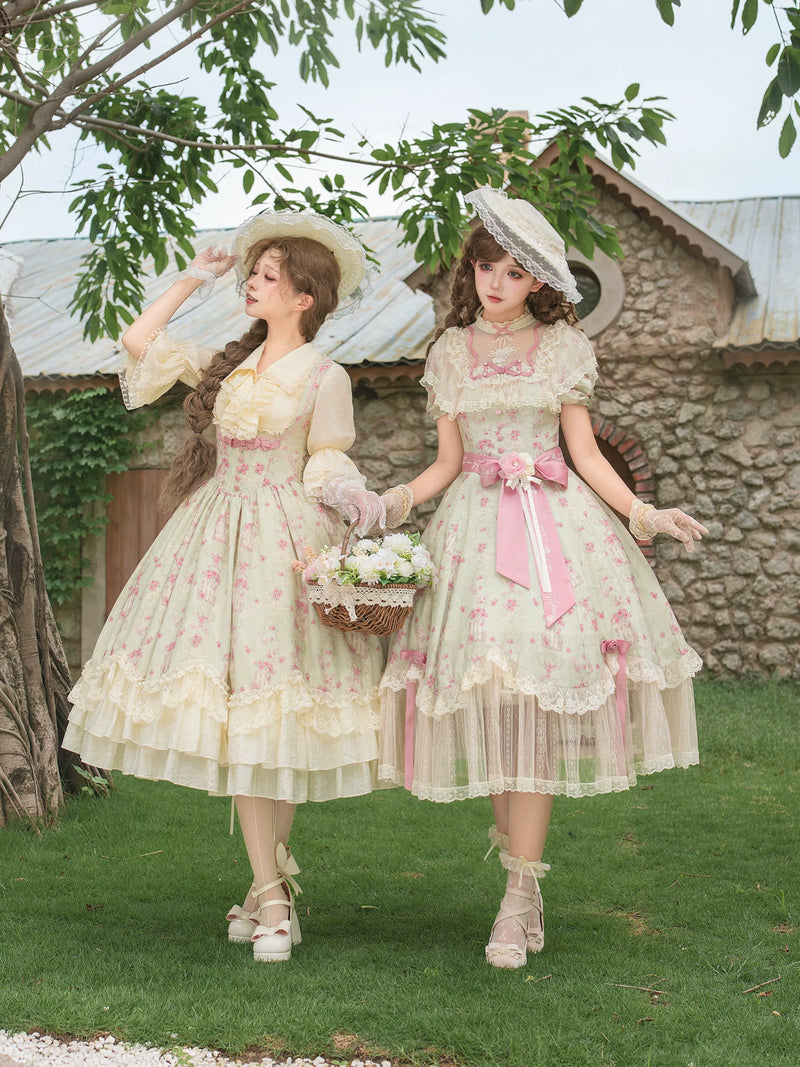 With PUJI - Wind Swept Roses - Classic Lolita Rose Printed Dress Set, Petal Hem detail view 3