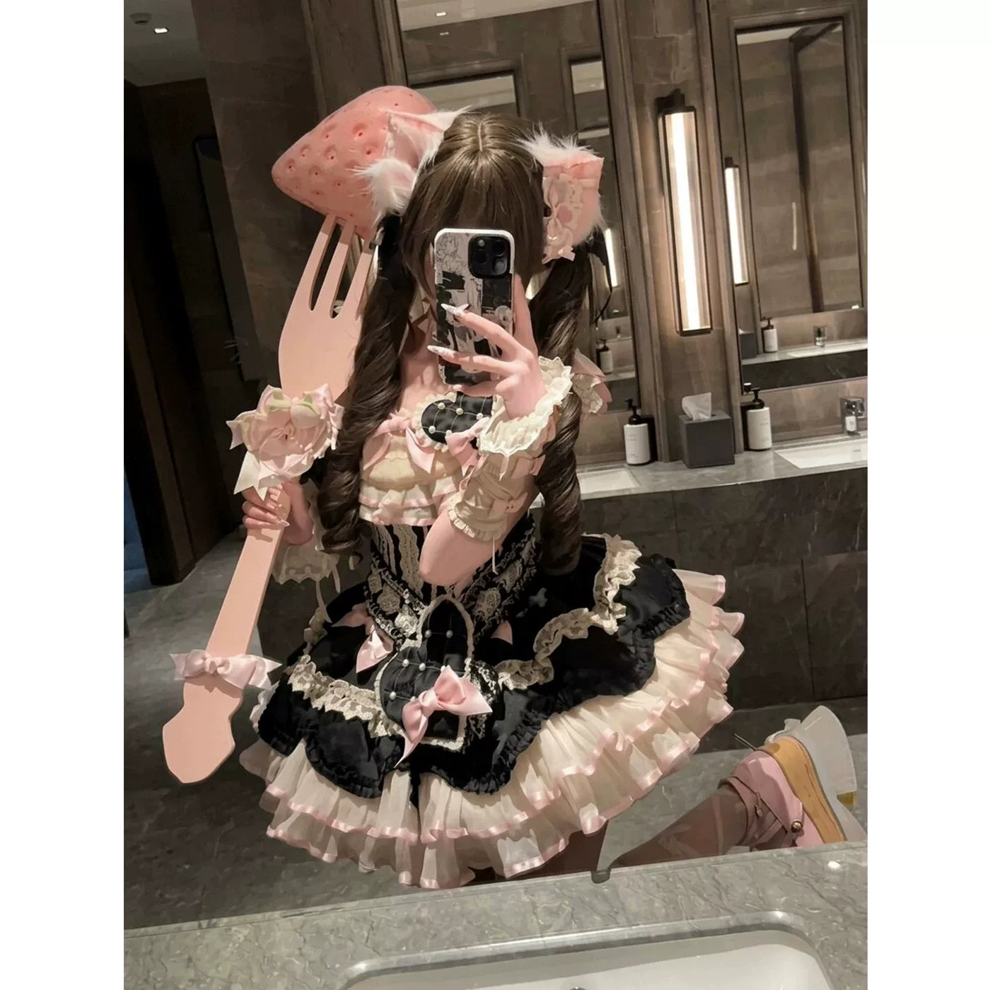 Creamy - Black Ribbon Sweetheart - Black JSK Dress with a Large Heart Detail