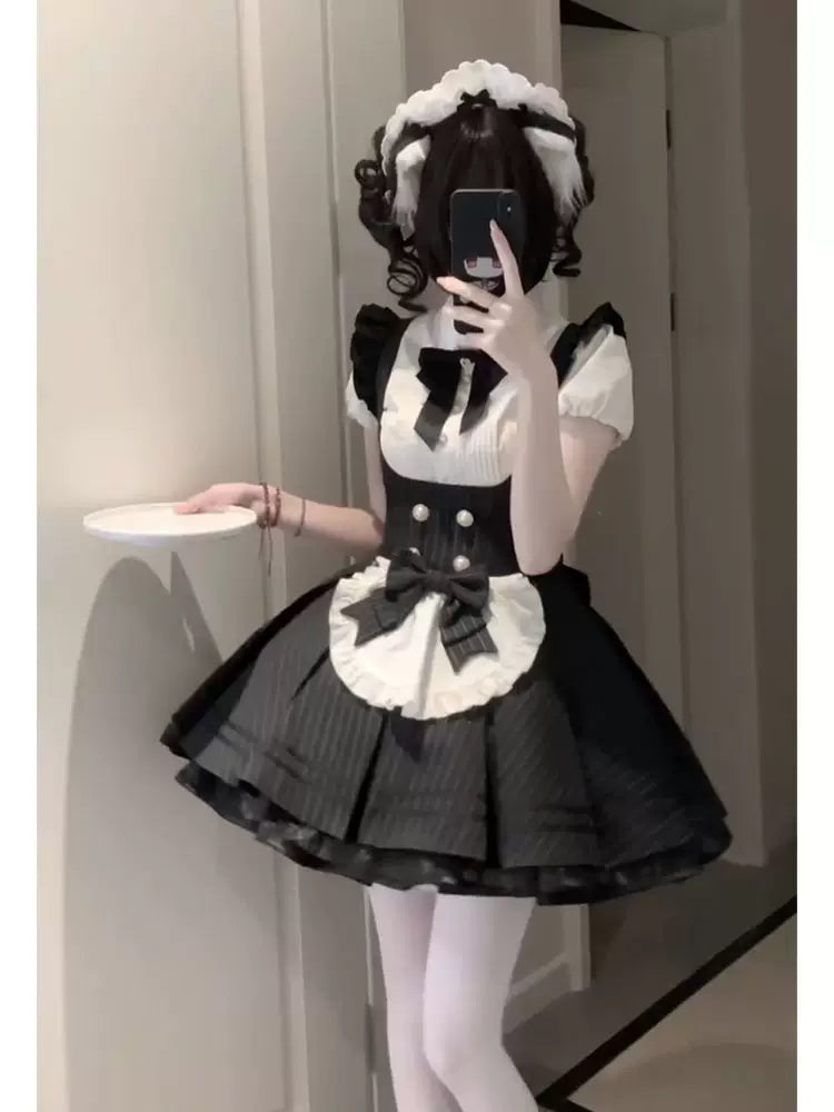 Creamy - Maid Stripe - Black-and-White Blouse and Dress Set with Bow Bib