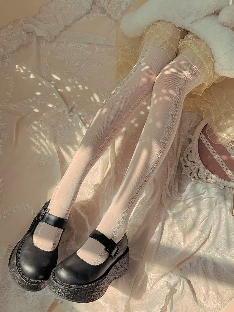 Sock Noble - Heart Lace - White or black lace tights with vertical lace panels