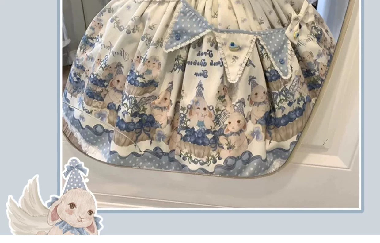 GZYRZ - Little Sheep's Blueberry Tart Party - Cream and Blue Printed JSK with Polka-Dot Straps