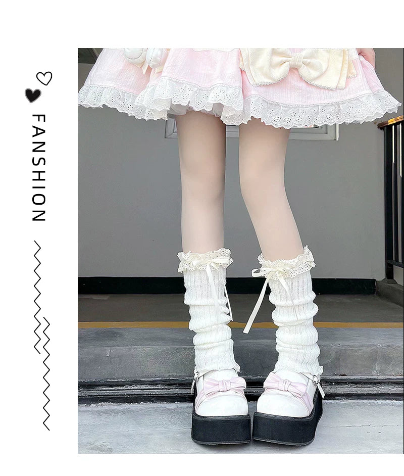 Floral Milk Cat - Ribbon Lace - Ruched Mid-Calf Socks with Lace Ruffle Cuffs