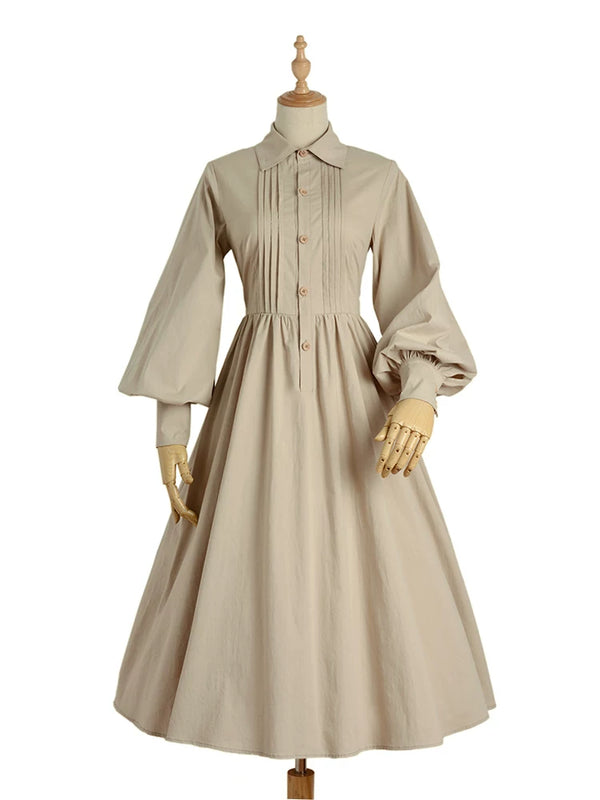 Beige pleated OP shirt dress shown on a mannequin and a model.