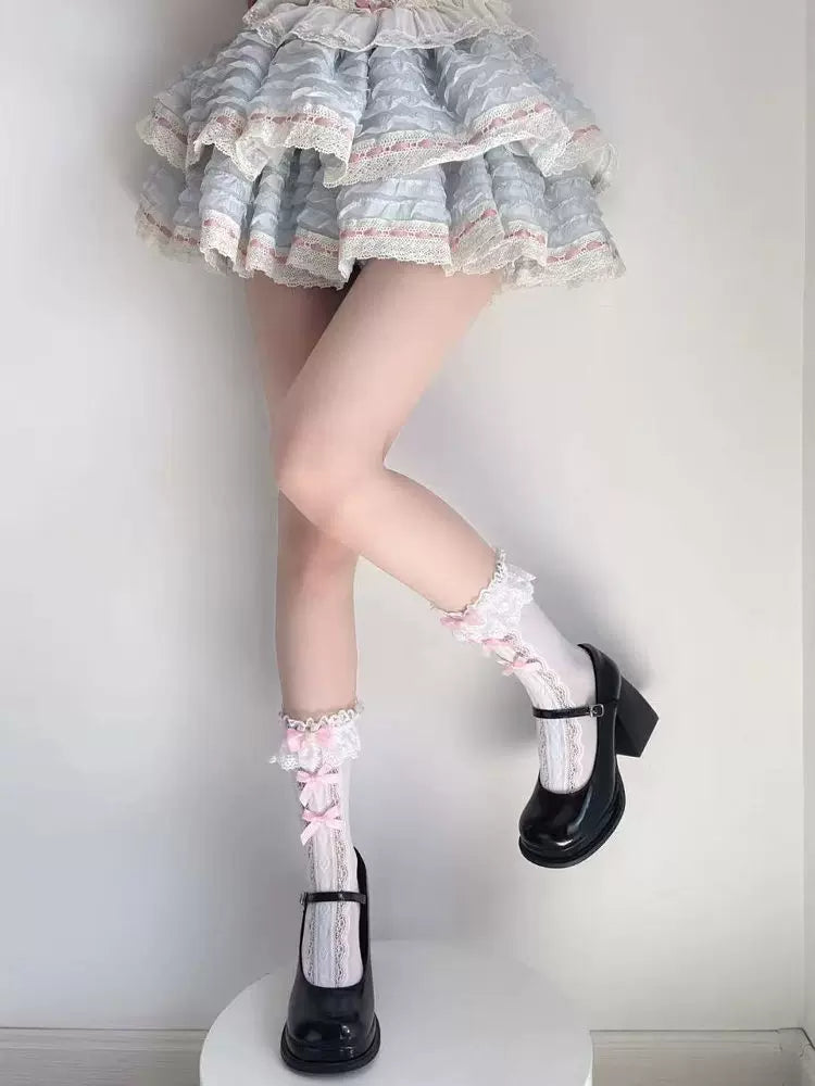 Fantasy Doll - Heart Jacquard - Mid-Calf Socks with Lace and Bow Details