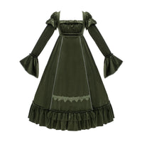 With PUJI - Candlelight Feast - Lolita OP Dress, Ruffle Trim & High-waist Silhouette - Olive Green High-waist Empire Ruffle OP Pre-stock In stock / S