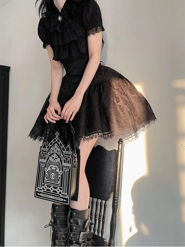 Creamy - Gothic Shirt Set - Black shirt and short skirt set with a drool bib