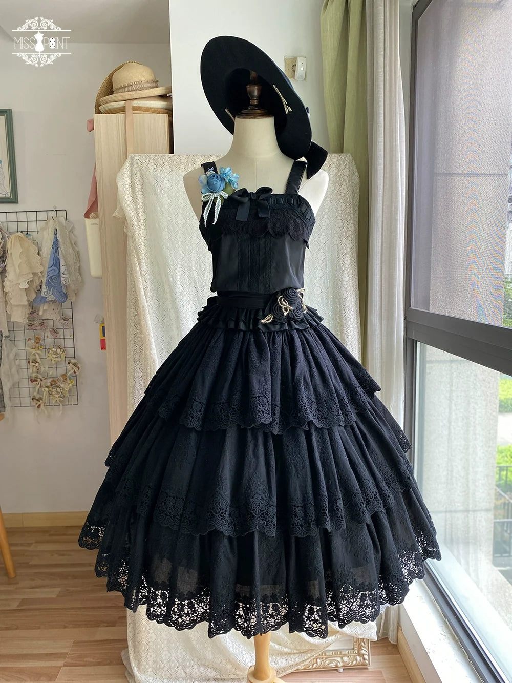 Forest Waltz - Cotton Lolita Camisole Embroidered Cami Top XS Black Loose camisole(with a bow pin)