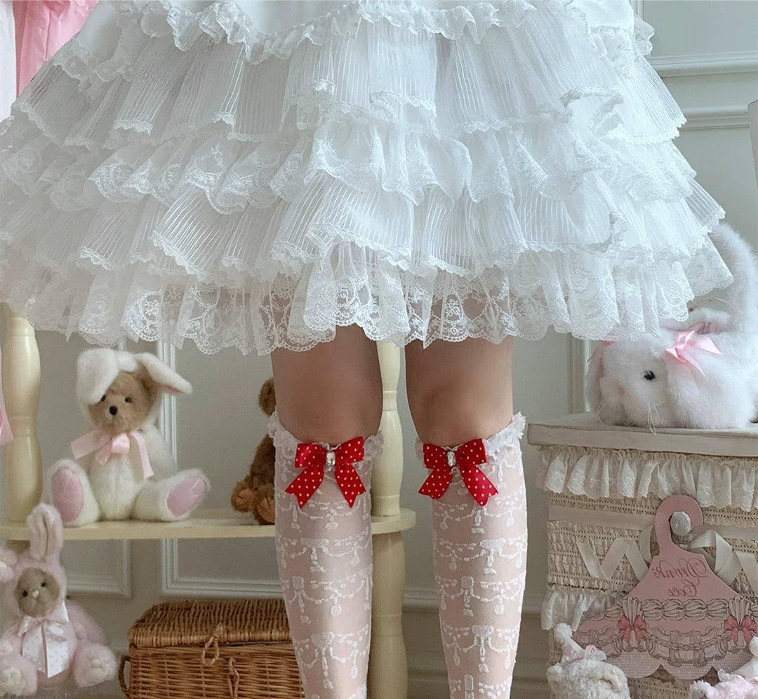 roji roji - Gemmed Bow - Lace Socks with Polka-Dot Bows
